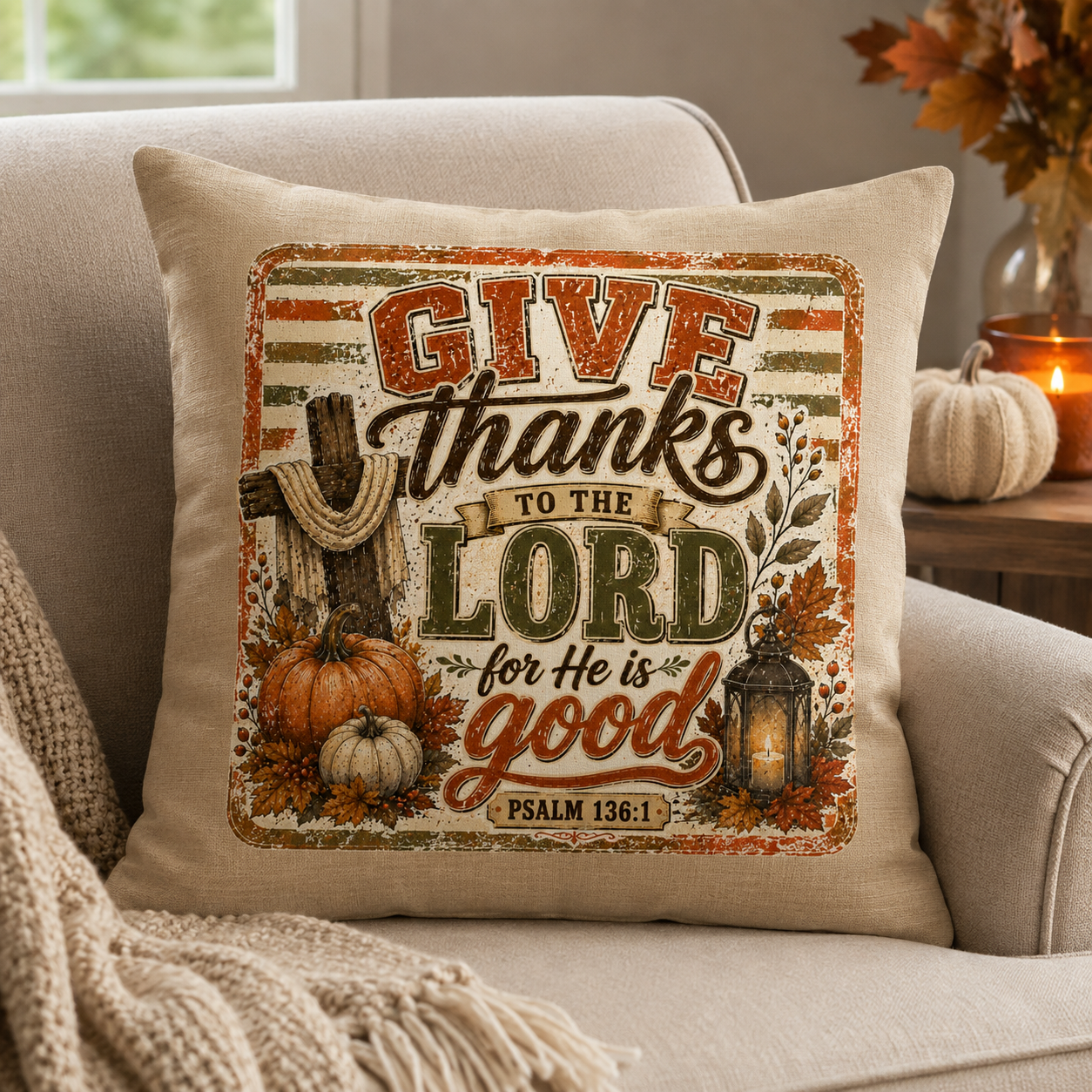 Give Thanks to the Lord Fall Decorative Pillow