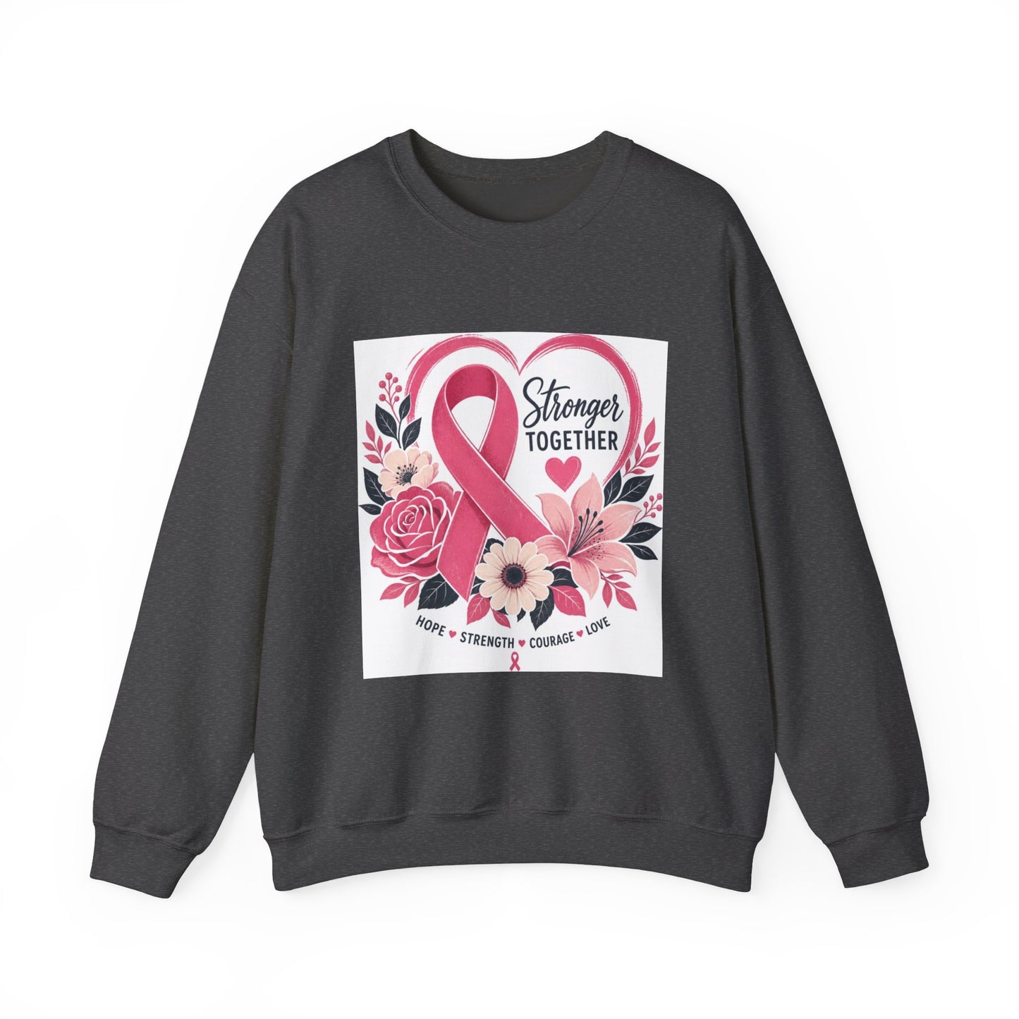 Breast Cancer Awareness Sweatshirt – "Stronger Together" Pink Ribbon Floral Crewneck