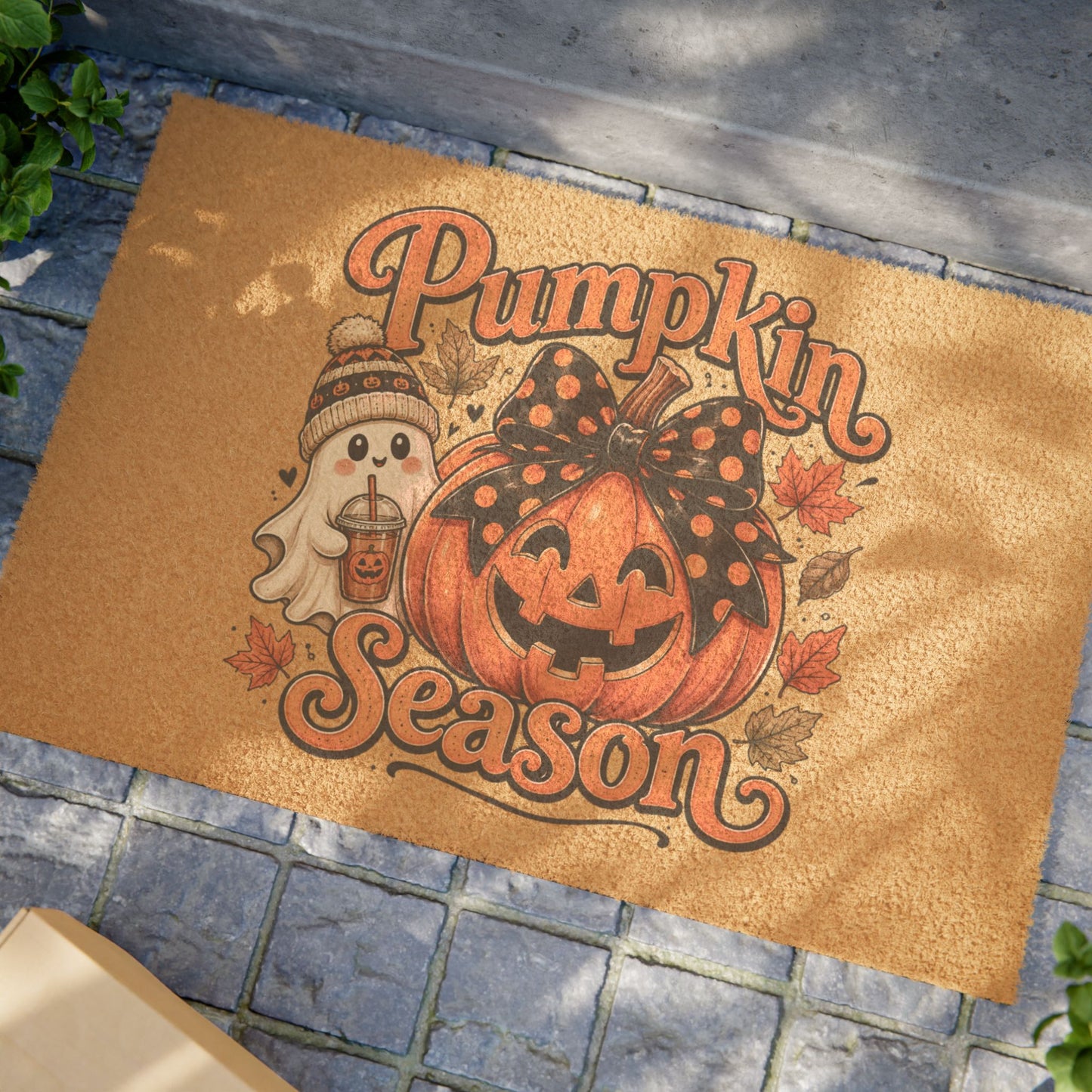 Pumpkin Season Doormat — Fall Halloween Welcome Mat with Jack-O'-Lantern & Ghost