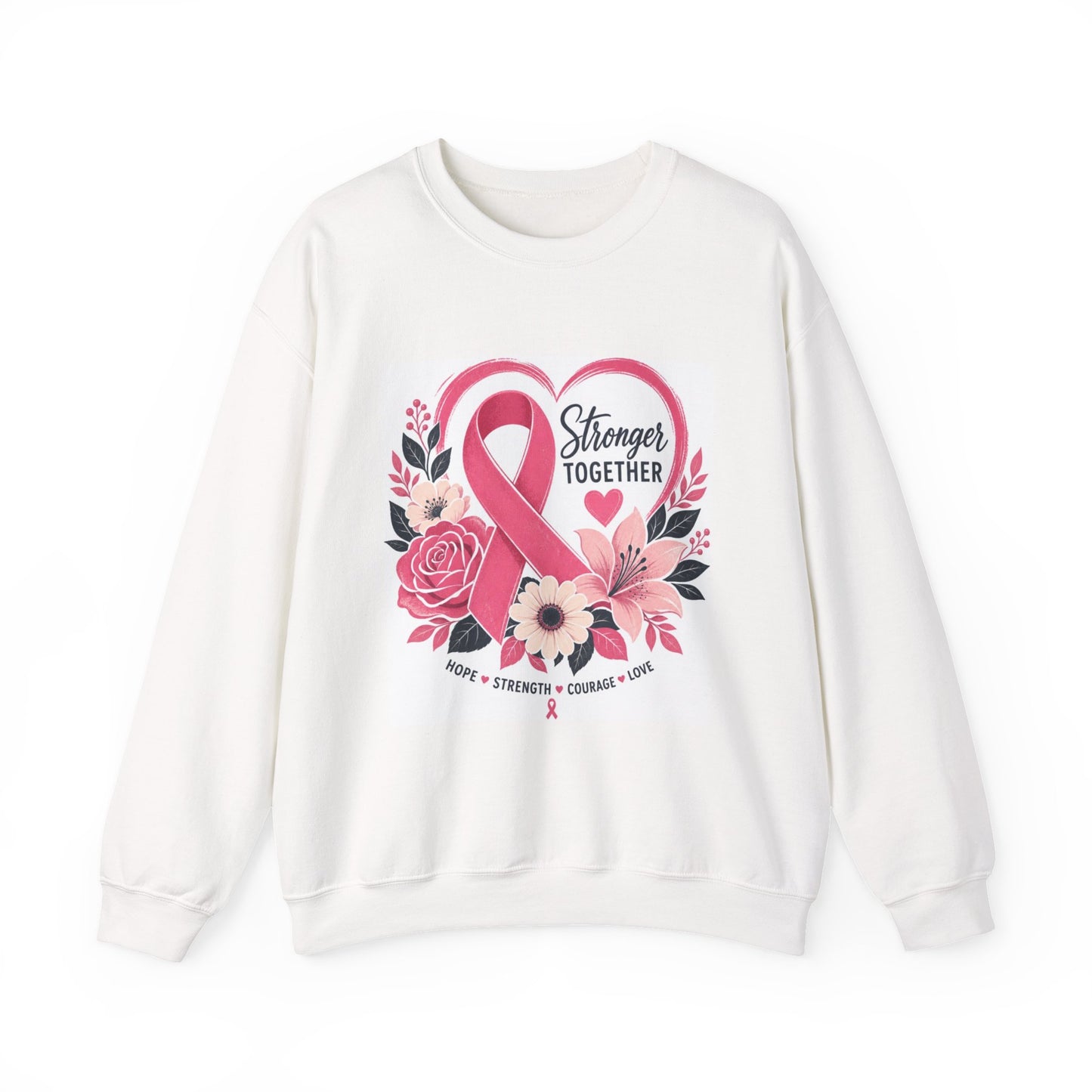 Breast Cancer Awareness Sweatshirt – "Stronger Together" Pink Ribbon Floral Crewneck