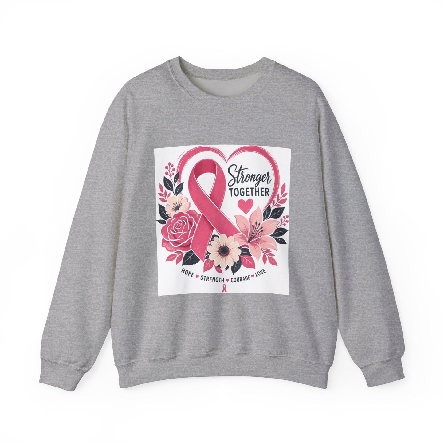 Breast Cancer Awareness Sweatshirt – "Stronger Together" Pink Ribbon Floral Crewneck