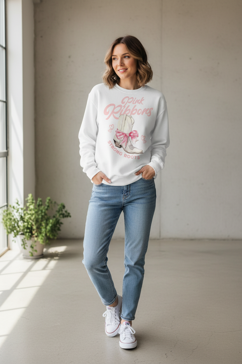 Pink Ribbons Crewneck Sweatshirt – "Pink Ribbons Strong Roots" Breast Cancer Awareness