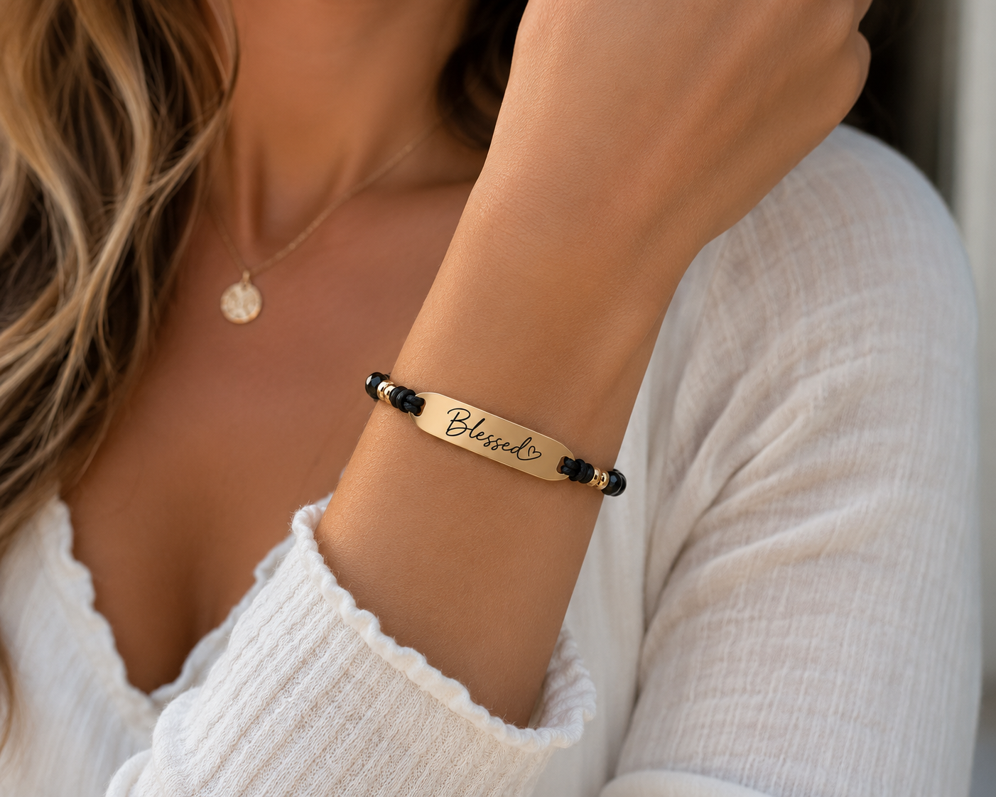 Engravable Natural Stone Bead Bar Bracelet — Personalized Stretch Gemstone Bracelet