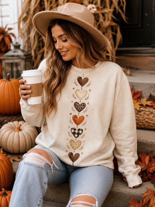 Rustic Fall Hearts Sweatshirt — Autumn Leaves & Cozy Plaid Crewneck