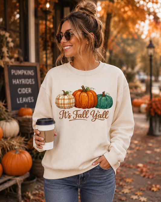 Fall Pumpkins Crewneck Sweatshirt – "It's Fall Y'all" Cozy Autumn Pullover