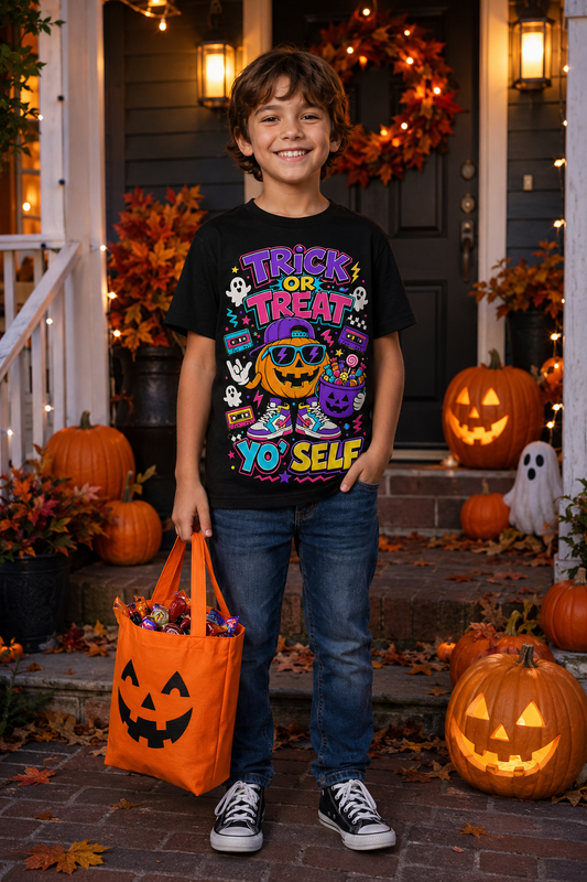 Kids Halloween Tee - "Trick or Treat Yo' Self" Neon Pumpkin Candy Shirt