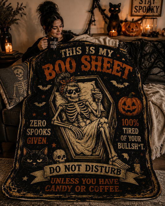 Halloween Skeleton Plush Blanket — “I’m Too Old For This Sheet” Cozy Throw