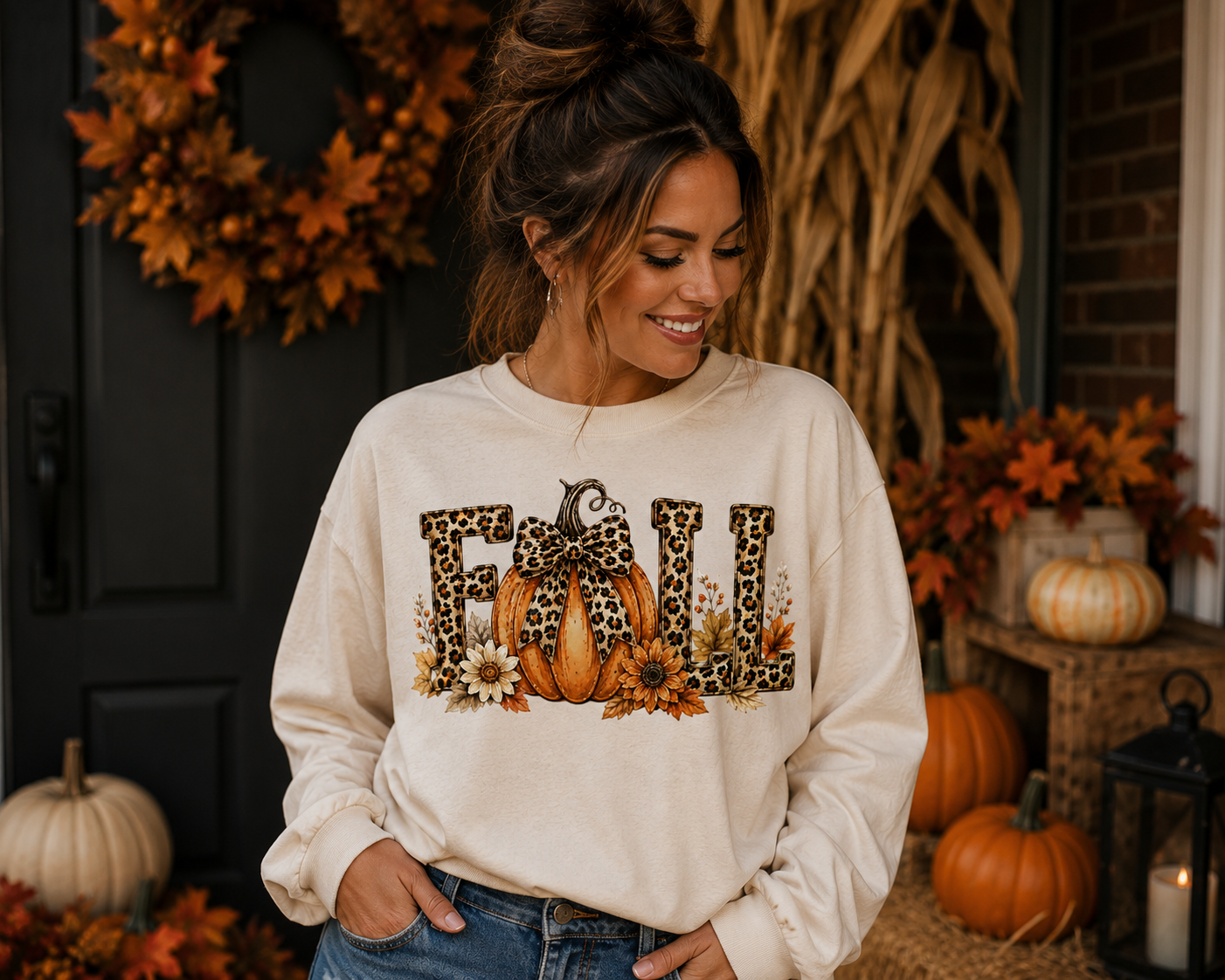 Fall Leopard Pumpkin Long Sleeve Tee