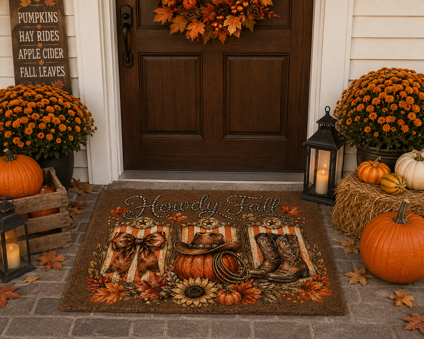 Howdy Fall Doormat - Rustic Cowboy Pumpkin & Boots Welcome Mat for Autumn