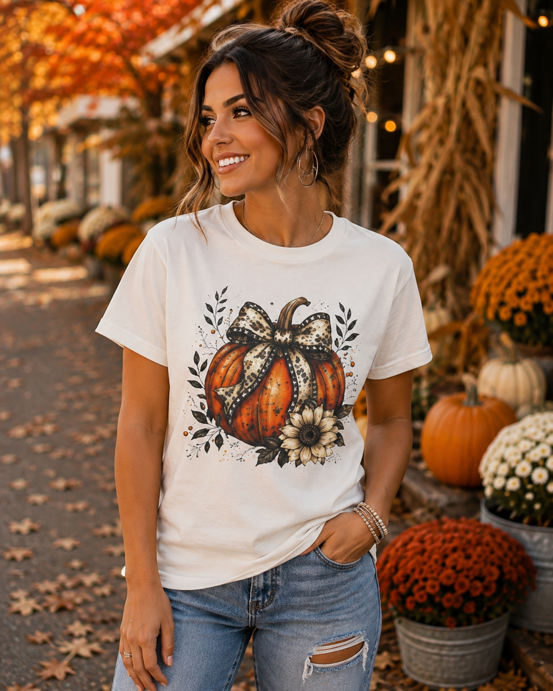 Rustic Fall Pumpkin Tee with Floral Accents