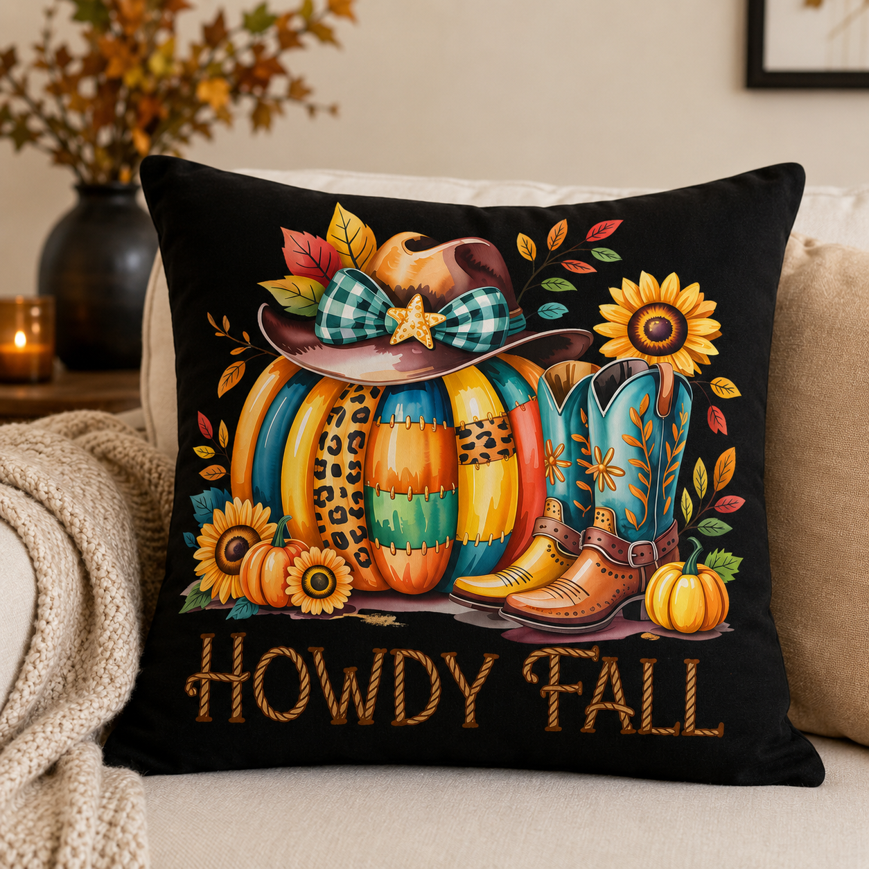 Howdy Fall Decorative Pillow - Autumn Pumpkin Boot Accent Pillow