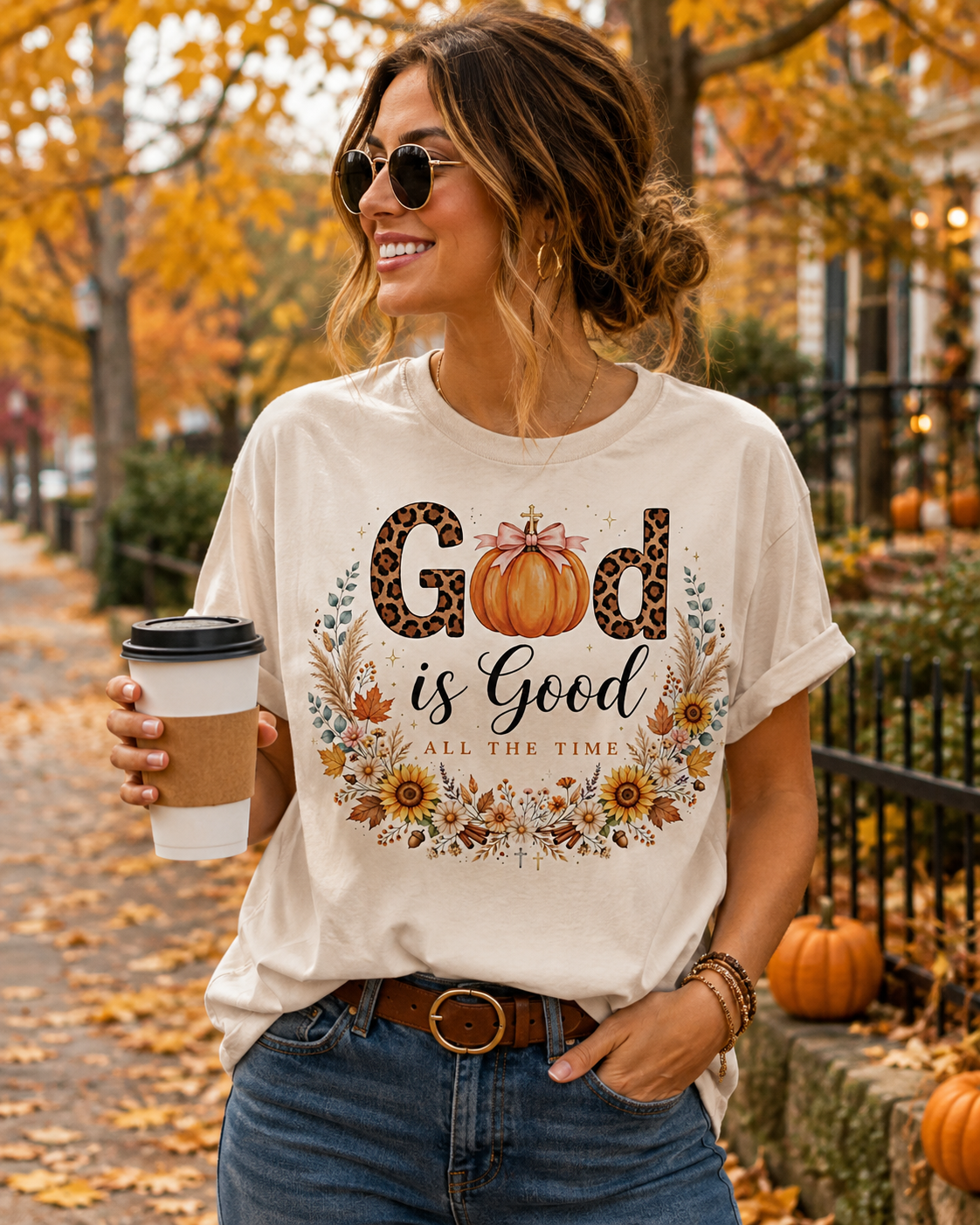 "God Is Good All The Time" Fall Pumpkin Floral Graphic Tee